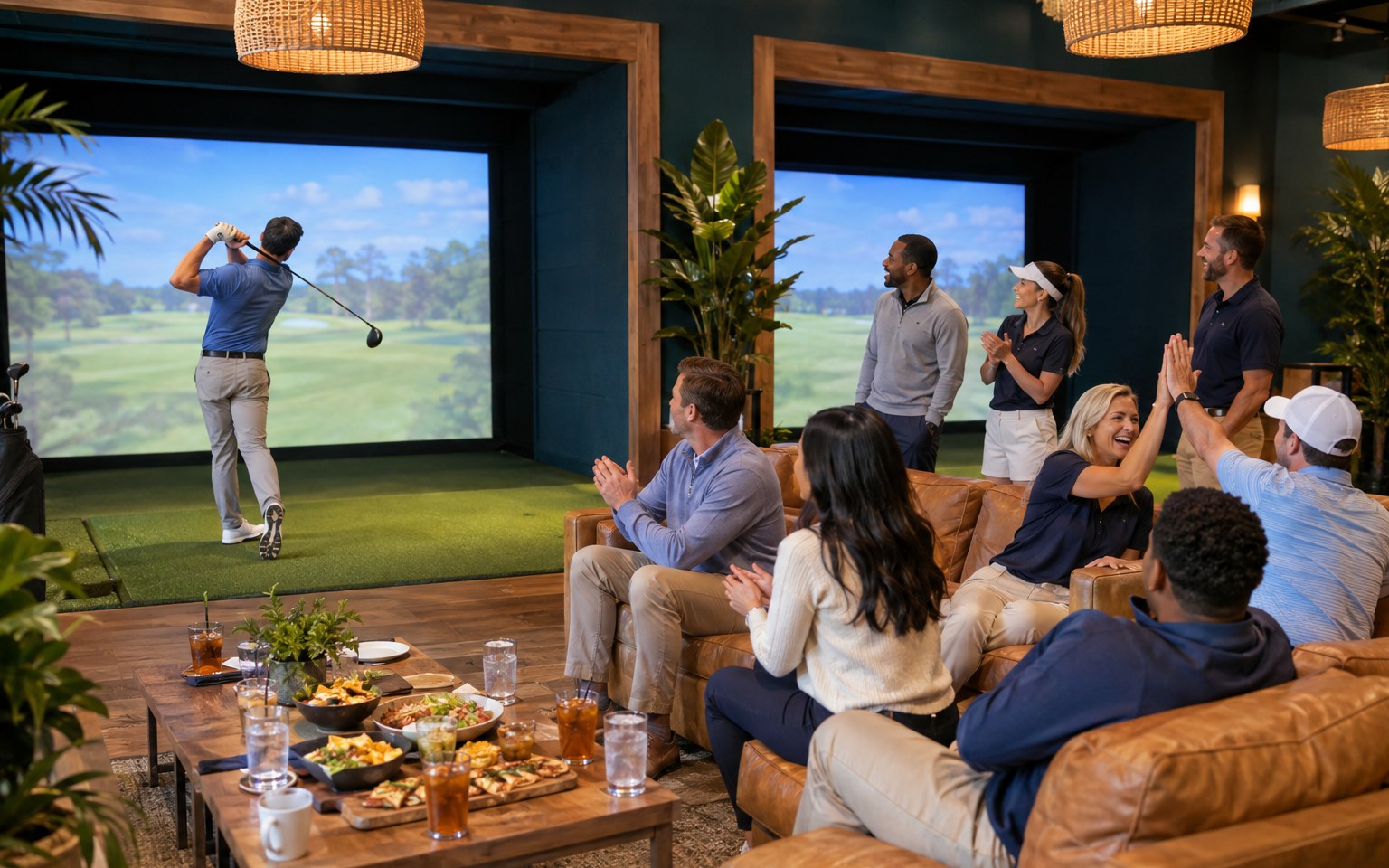 Concept photograph of a corporate team outing in the indoor golf simulator lounge, with colleagues in golf apparel cheering a coworker mid-swing from leather lounge seating