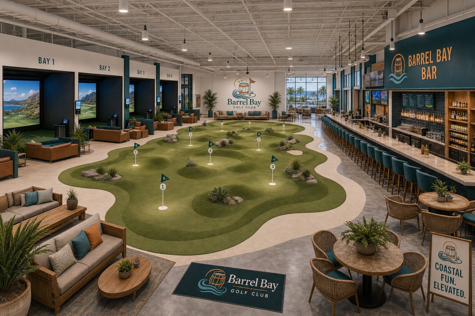 Concept rendering of the Barrel Bay Golf Club with four simulator bays, a landscaped indoor putting green, lounge seating, and the bar along the right wall