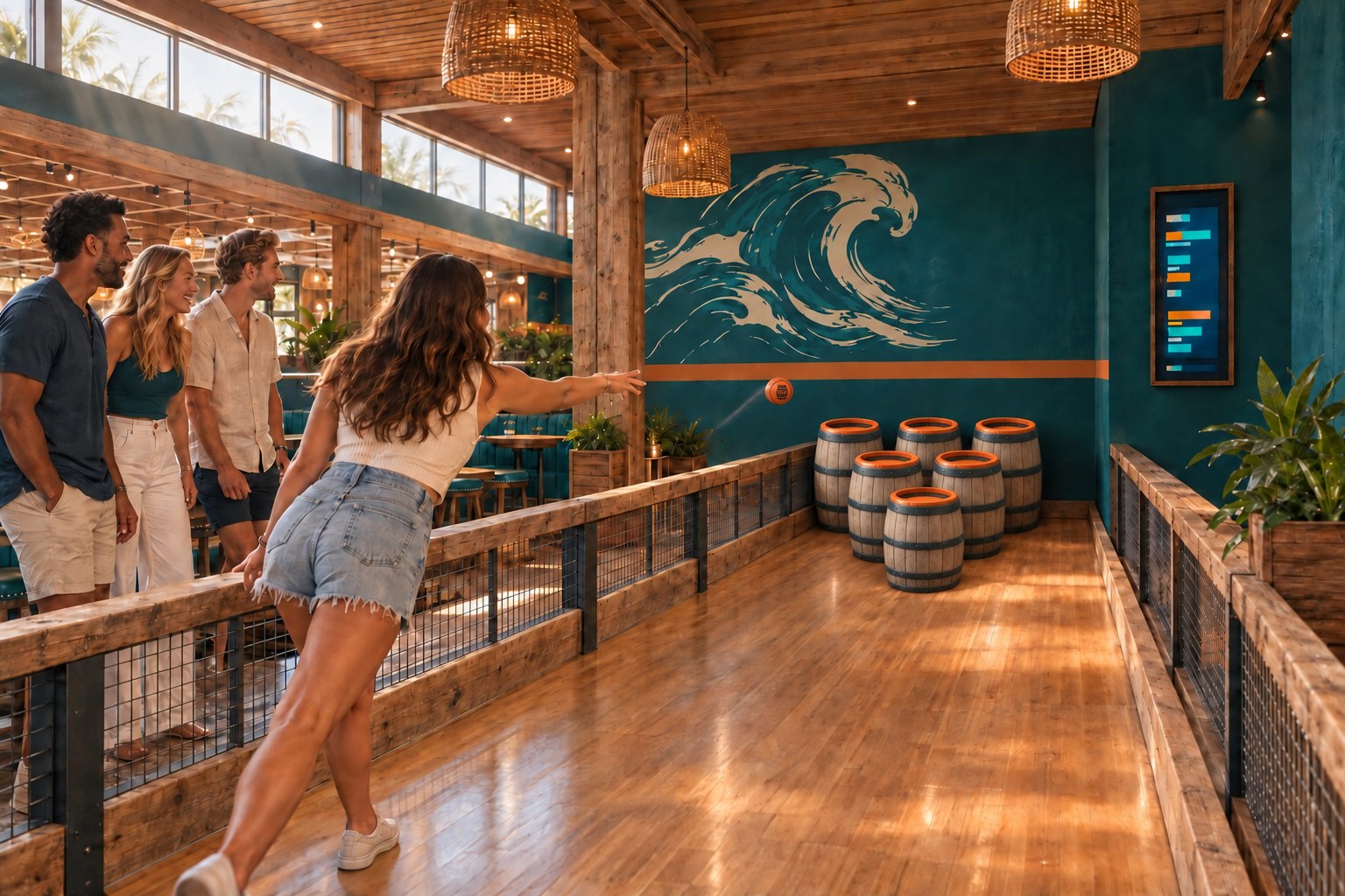 Concept rendering of the Bounce n Barrel lane — a guest mid-throw, a branded orange mini basketball in flight toward a floor-level triangle of six matching open-top whiskey barrels with orange rims, friends watching from behind a timber rail