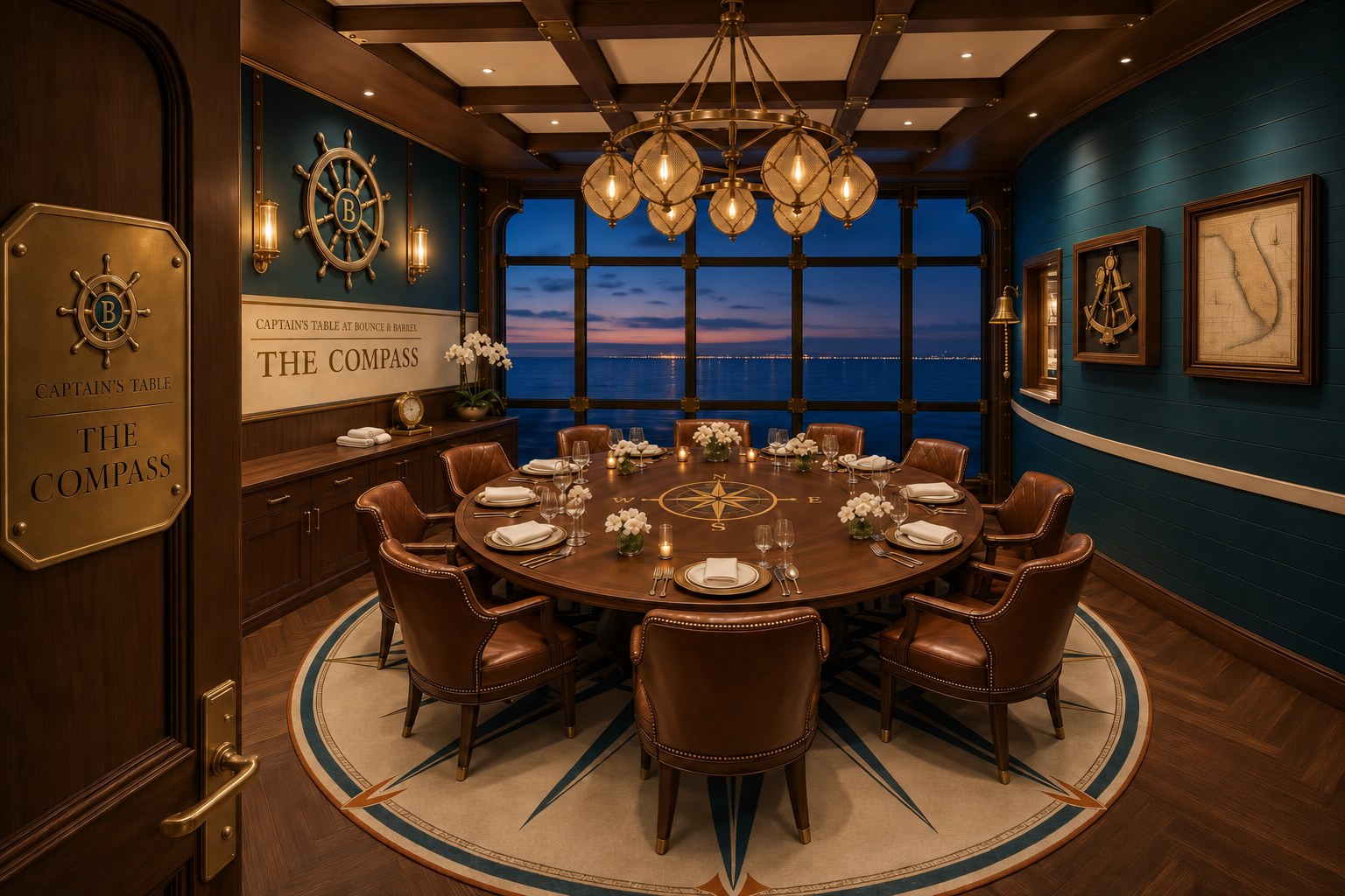 Concept rendering of The Compass private dining room with a round walnut table, leather chairs, and a brass orb chandelier