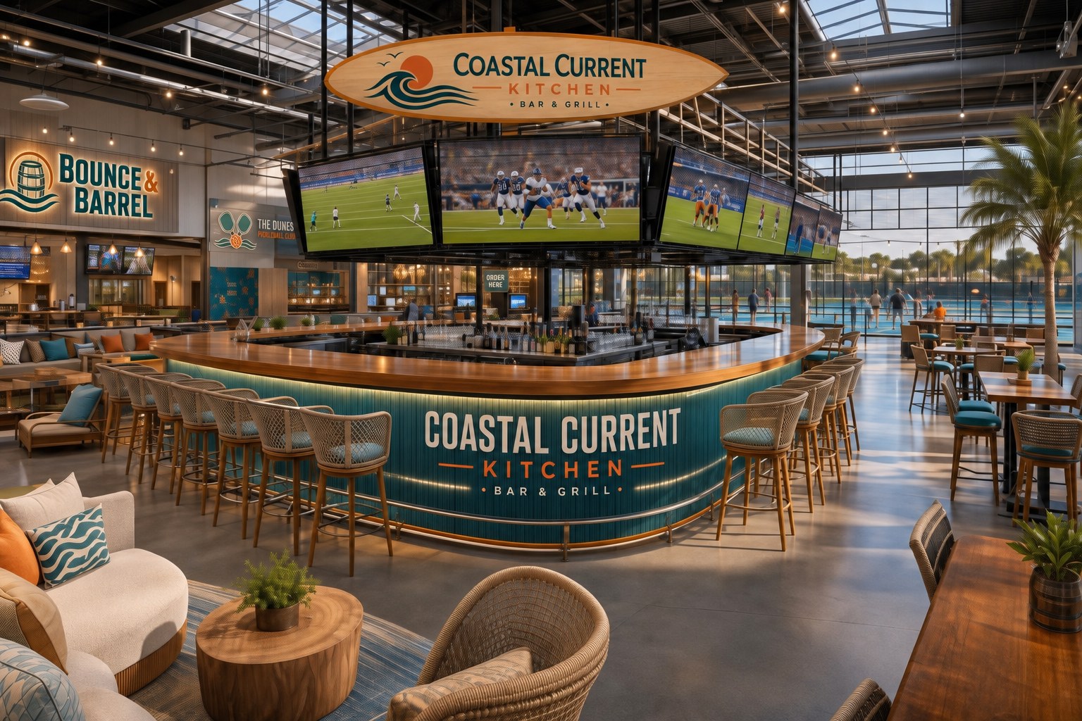 Concept rendering of the planned central Coastal Current Kitchen bar with overhead screens and lounge seating