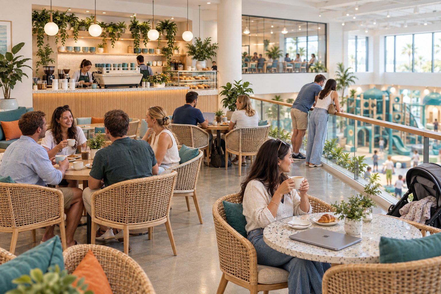 Concept rendering of the Coastal Current Coffee Co. mezzanine — guests at rattan cafe chairs with coffee and pastries, an oak espresso bar, and two parents at the railing looking down over the play area below