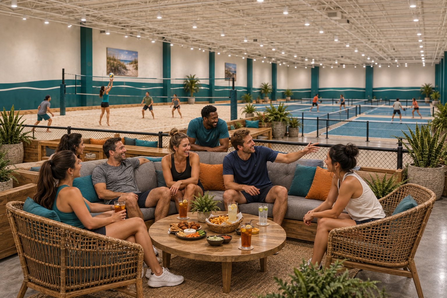 Concept rendering of a courtside lounge where a group of friends relaxes on sofas and rattan chairs with an indoor sand volleyball court and pickleball courts behind them