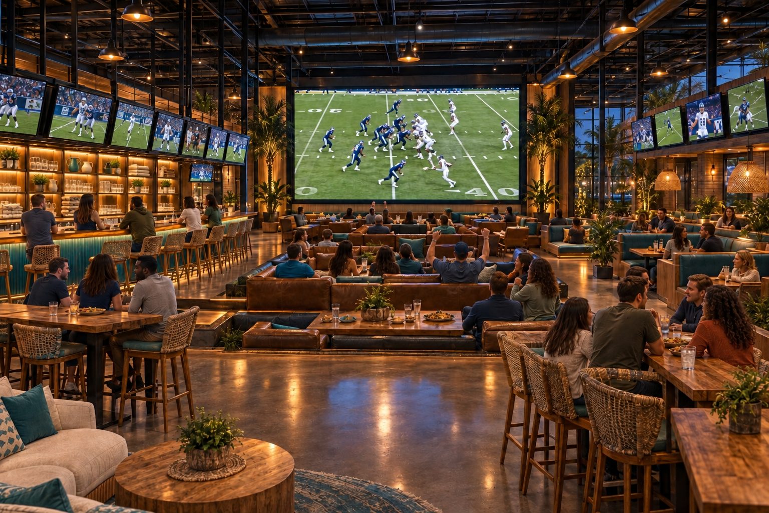 Concept rendering of a game-day lounge where guests watch football on a wall-sized screen surrounded by smaller televisions