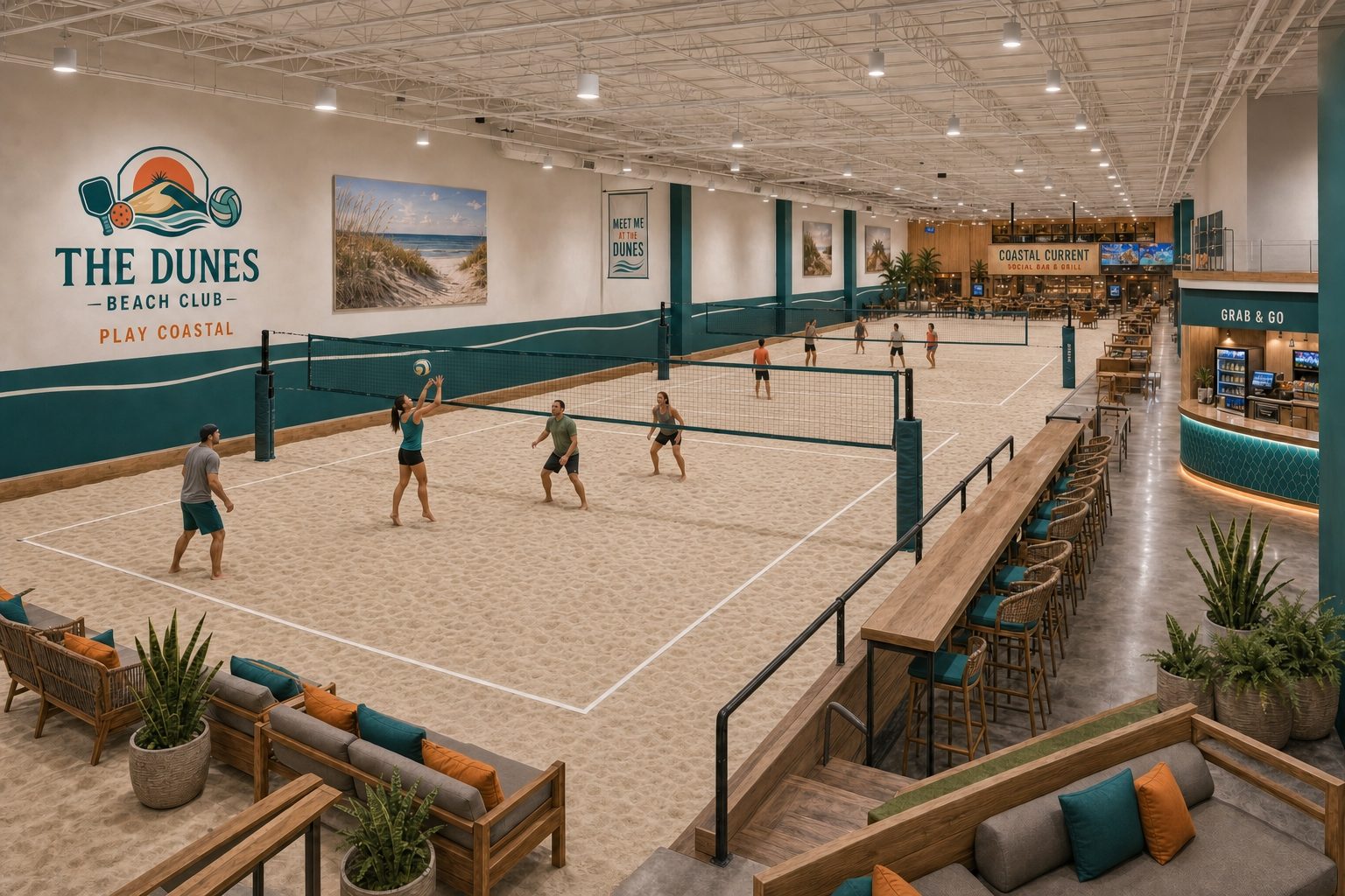 Concept rendering of an indoor sand volleyball court with net, coastal lighting, and lounge seating alongside