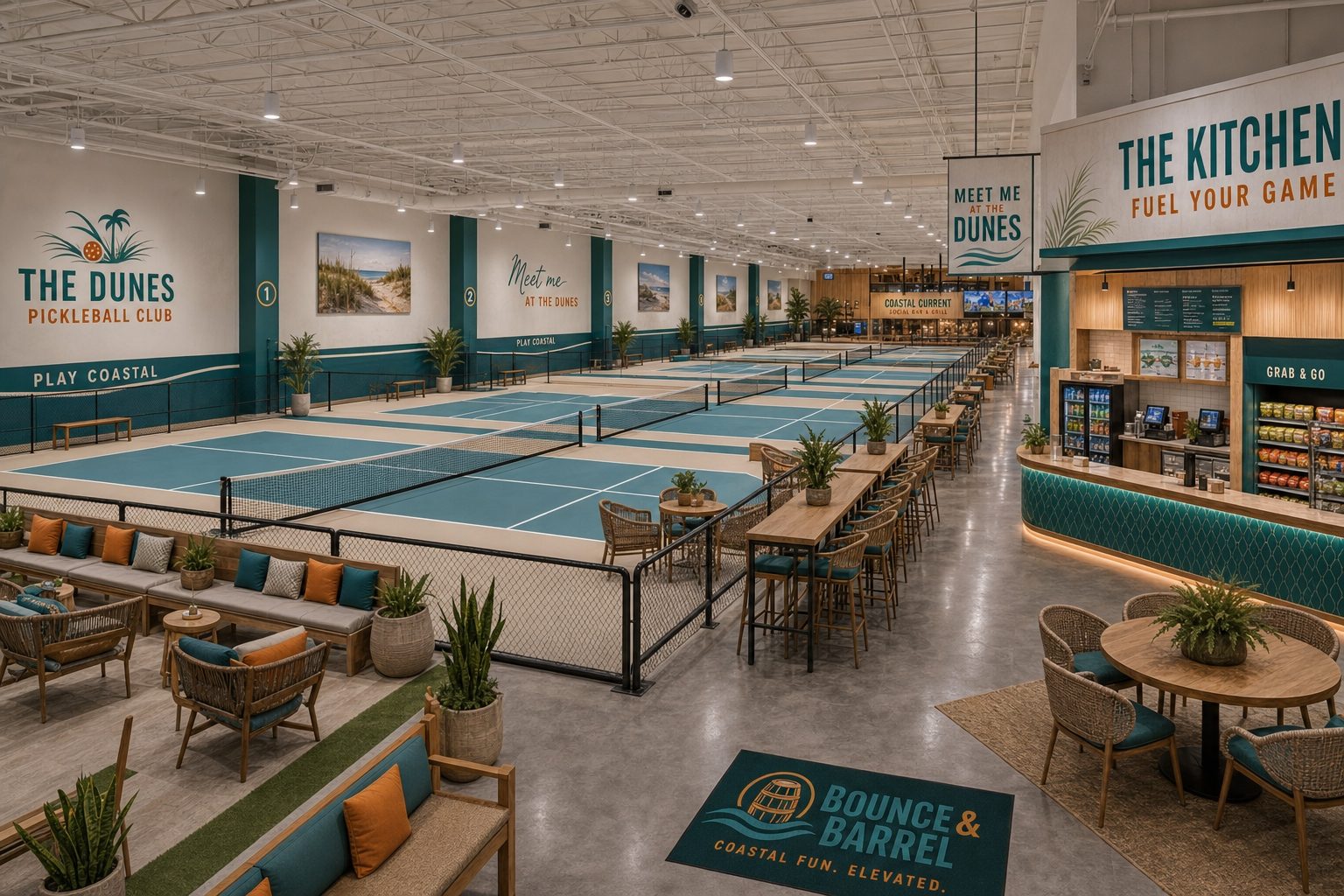 Concept rendering of indoor pickleball courts with coastal-themed walls and spectator seating