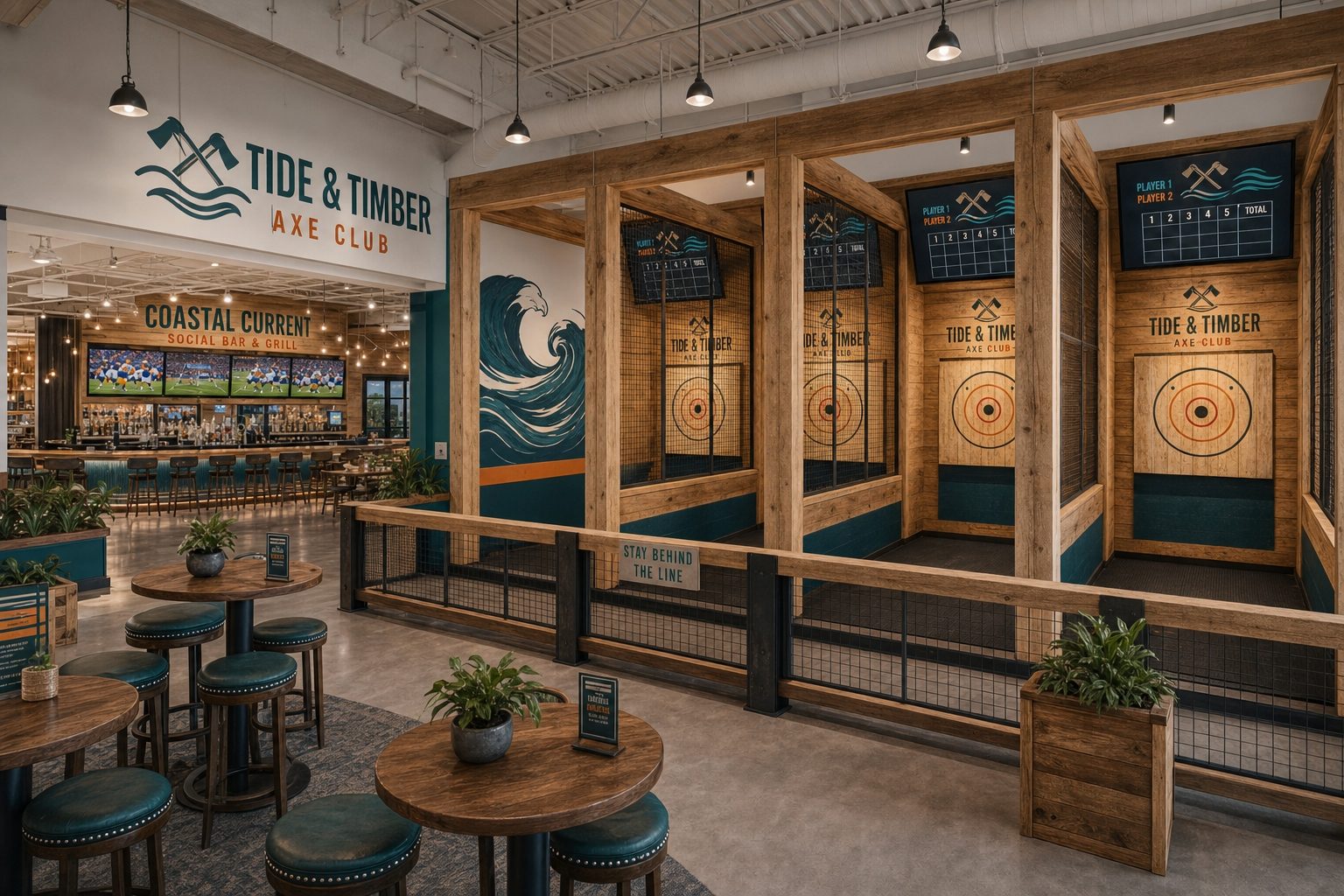 Concept rendering of wood-framed axe-throwing bays with scoring screens beside high-top seating