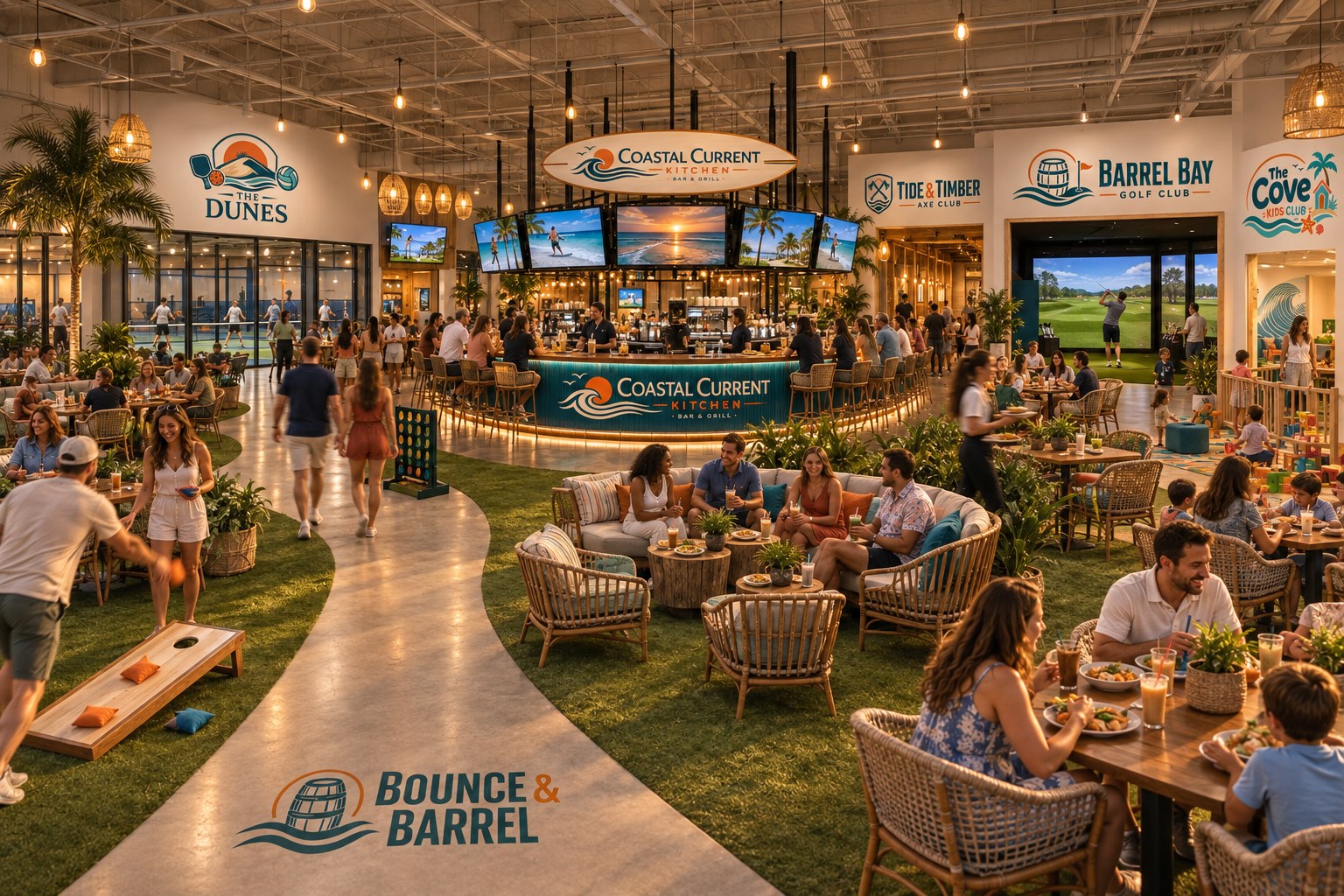 Concept rendering of the planned Bounce & Barrel venue at golden hour, with groups at the Coastal Current Kitchen bar, lounge and dining seating, lawn games, and The Dunes, Tide & Timber, Barrel Bay and The Cove beyond