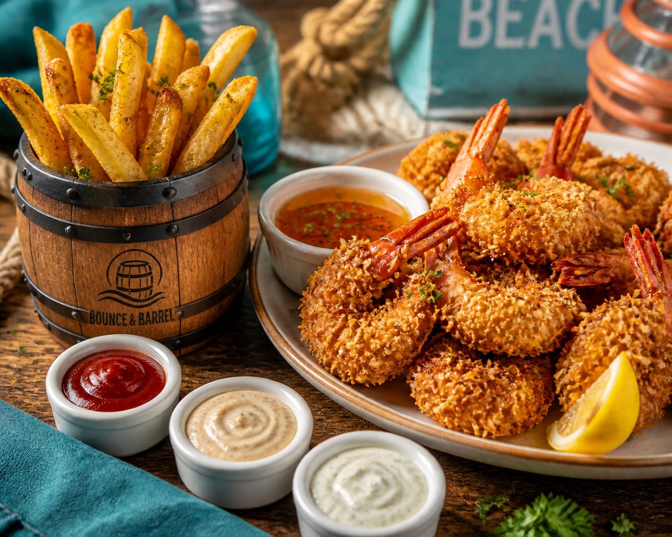 Concept photography of thick-cut fries served in a branded mini barrel alongside coconut shrimp and dipping sauces