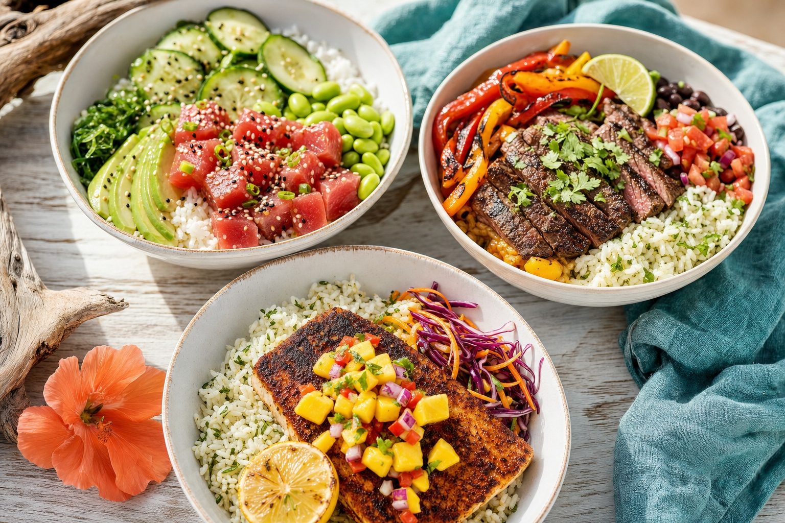 Concept photography of grain bowls, seared fish, and steak over rice in white bowls on a coastal table setting