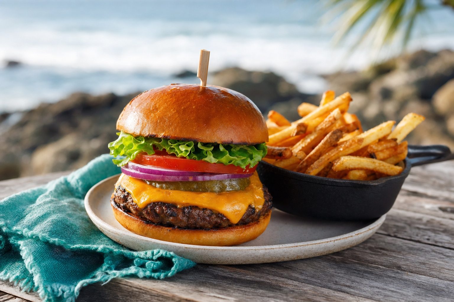 Concept photography of a double cheeseburger with a cast-iron skillet of fries