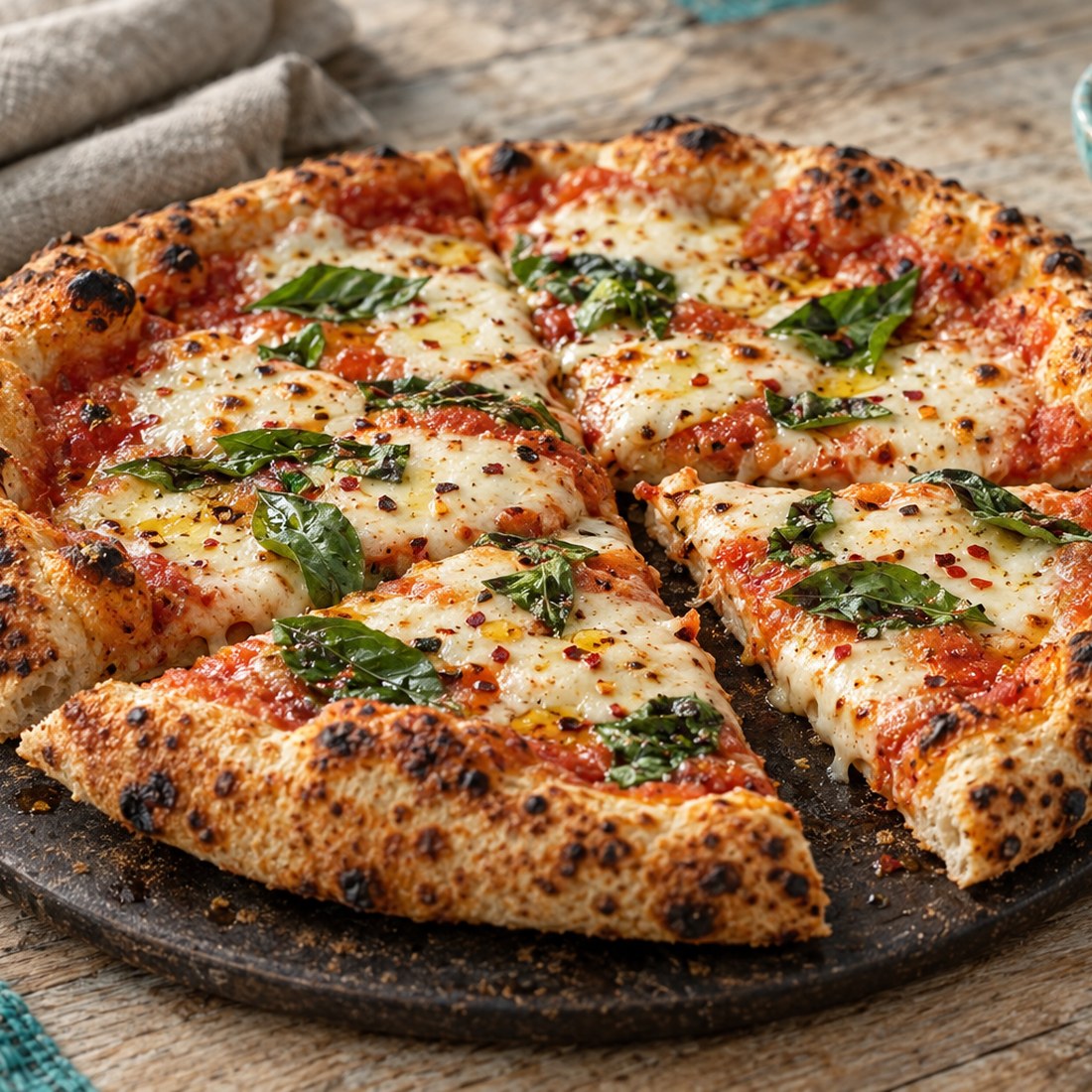 Concept photography of a sliced artisan margherita pizza with a blistered crust on a dark pizza steel