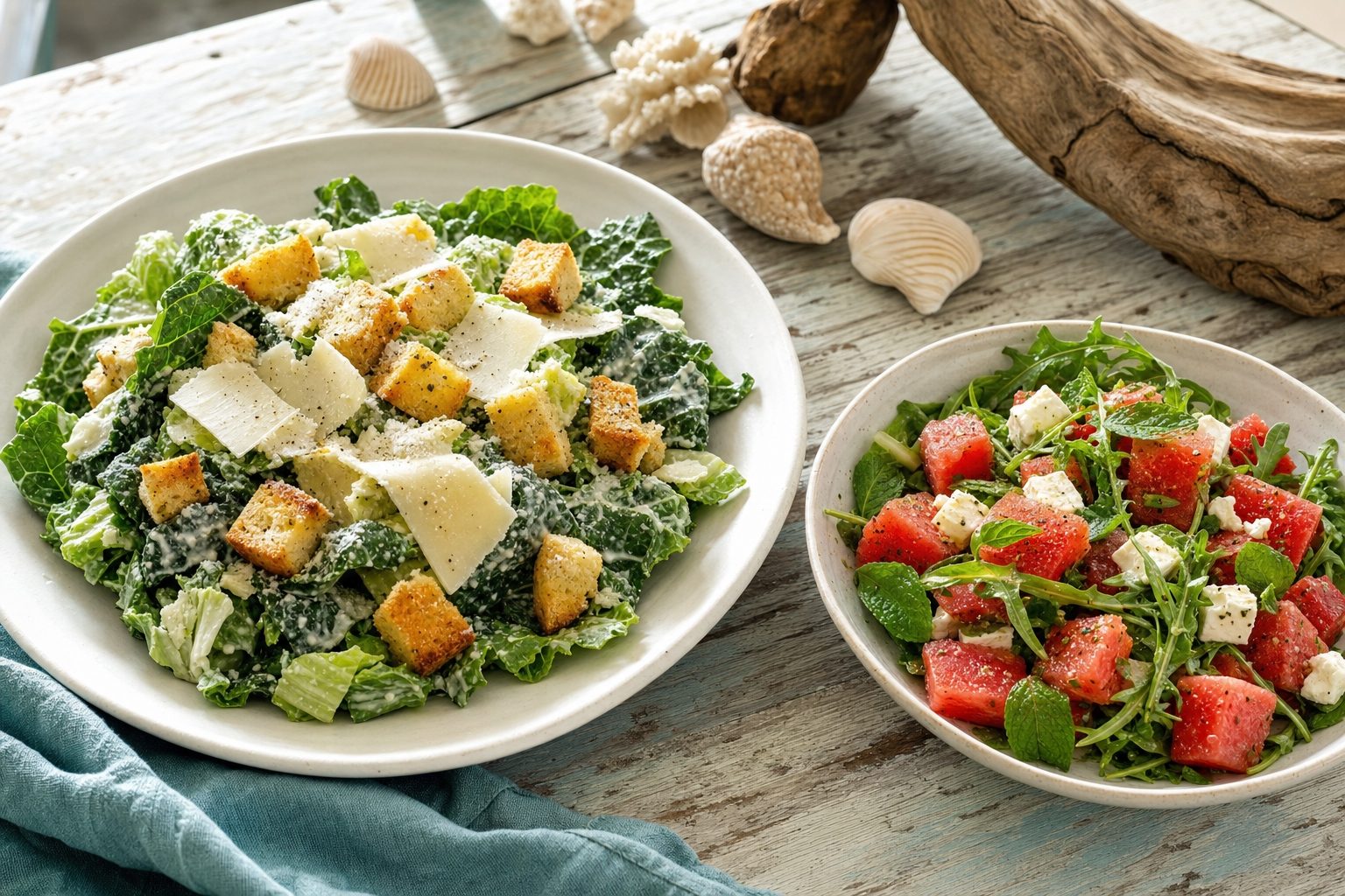 Concept photography of a caesar salad and a watermelon feta salad on a bright coastal table