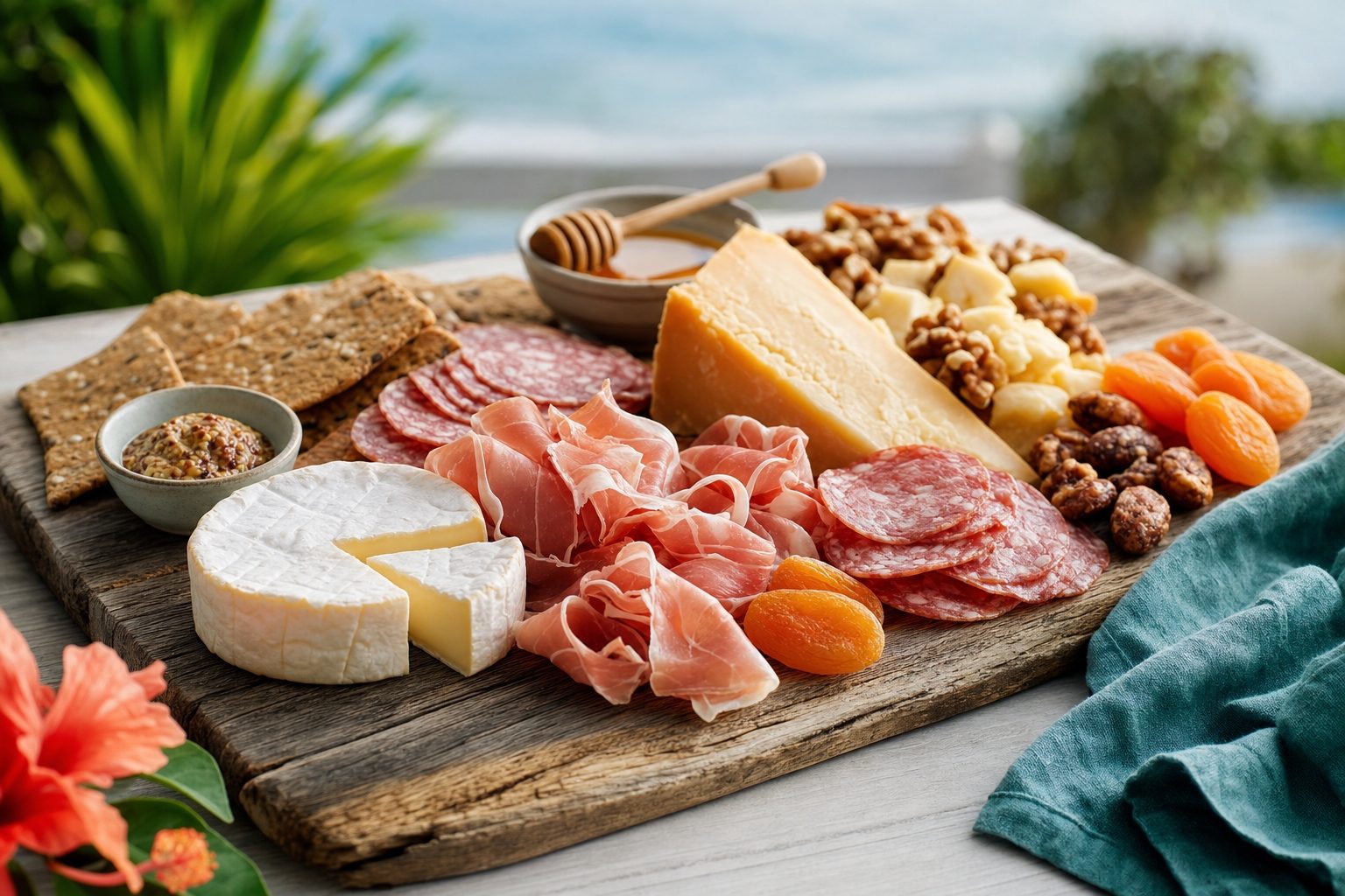 Concept photography of a charcuterie board with cured meats, cheeses, nuts, and dried fruit